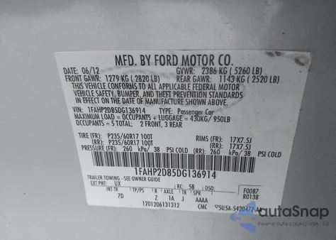 2013 Ford Taurus Se from USA, damaged, VIN 1FAHP2D85DG136914